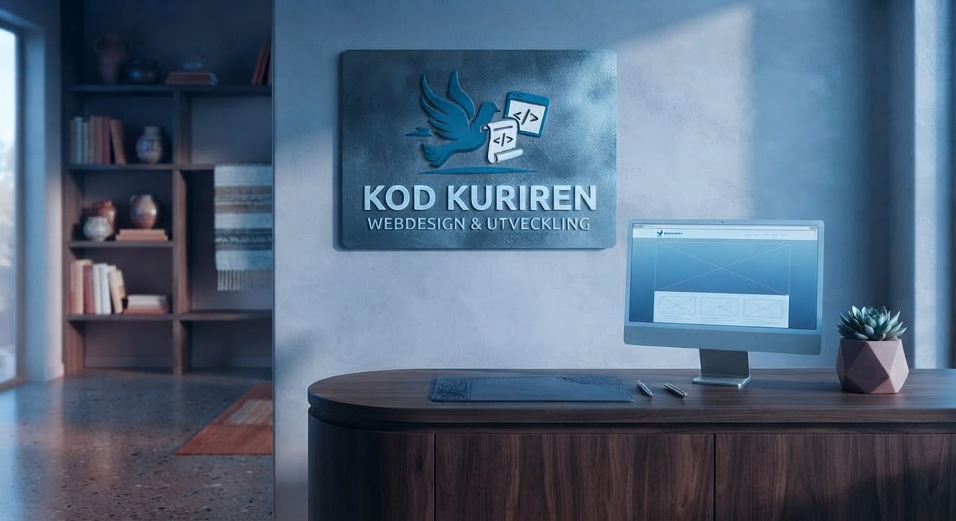 Kod kurirens logga på kontorsvägg ovanför ett skrivbord med dator